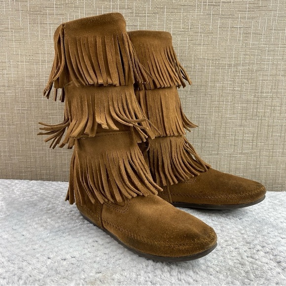 Vintage‎ Minnetonka Women's Suede 3-Layer Fringe Moccasin Coachella Boots Sz 7 - Picture 4 of 15